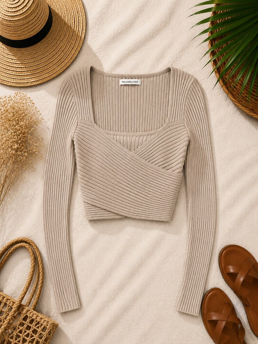 Abercrombie & Fitch Ribbed Faux Wrap Sweater Taupe Long Sleeve Crop Top Size L